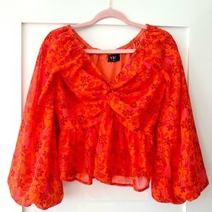 Bright Red Orange Long Sleeve Floral Blouse